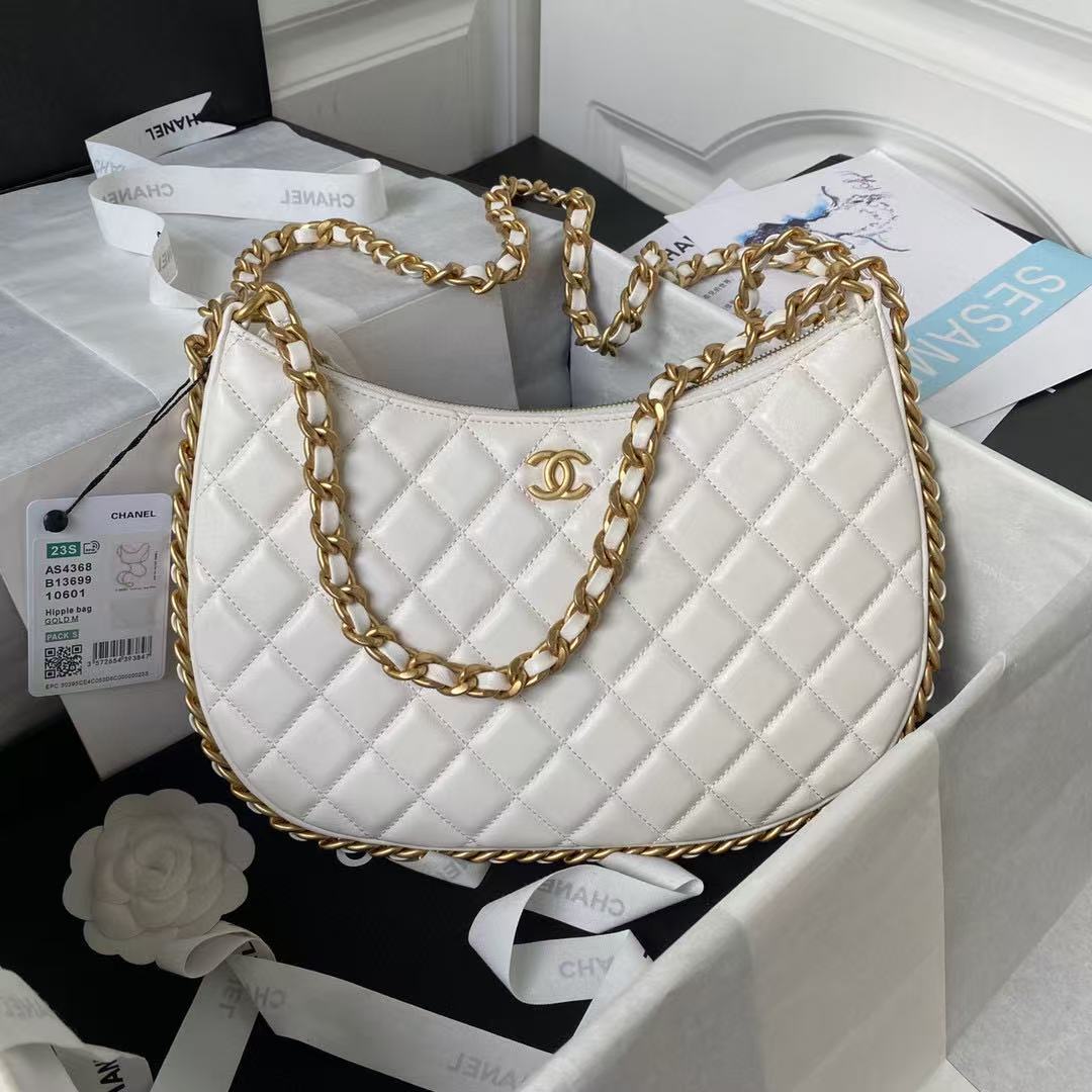 ABF Chanel White Quilted Leather CC Chain Around Hobo