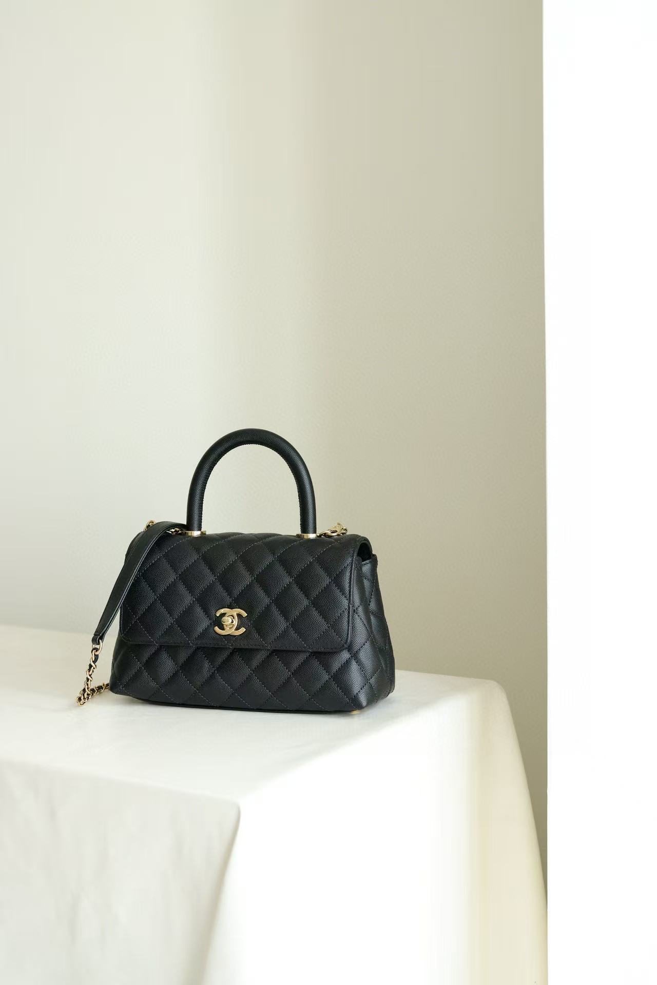 ABF Chanel Black Quilted Caviar Leather Small Coco Top Handle Bag