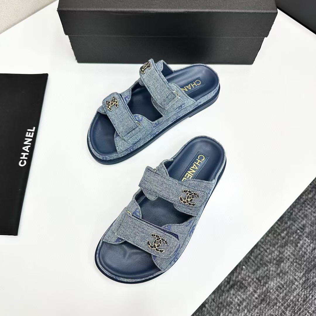 ABF CHANEL Blue Denim CC Velcro Dad Sandals