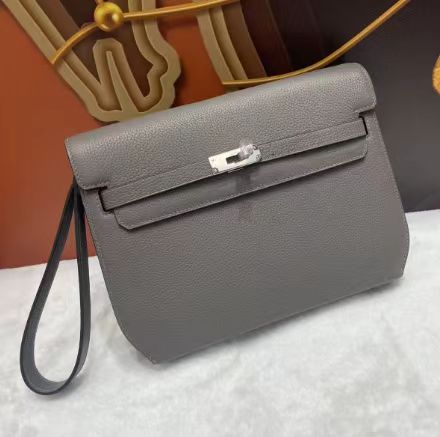 Hermes Kelly Depeches 25 Gris Etain Togo Calfskin Clutch Bag
