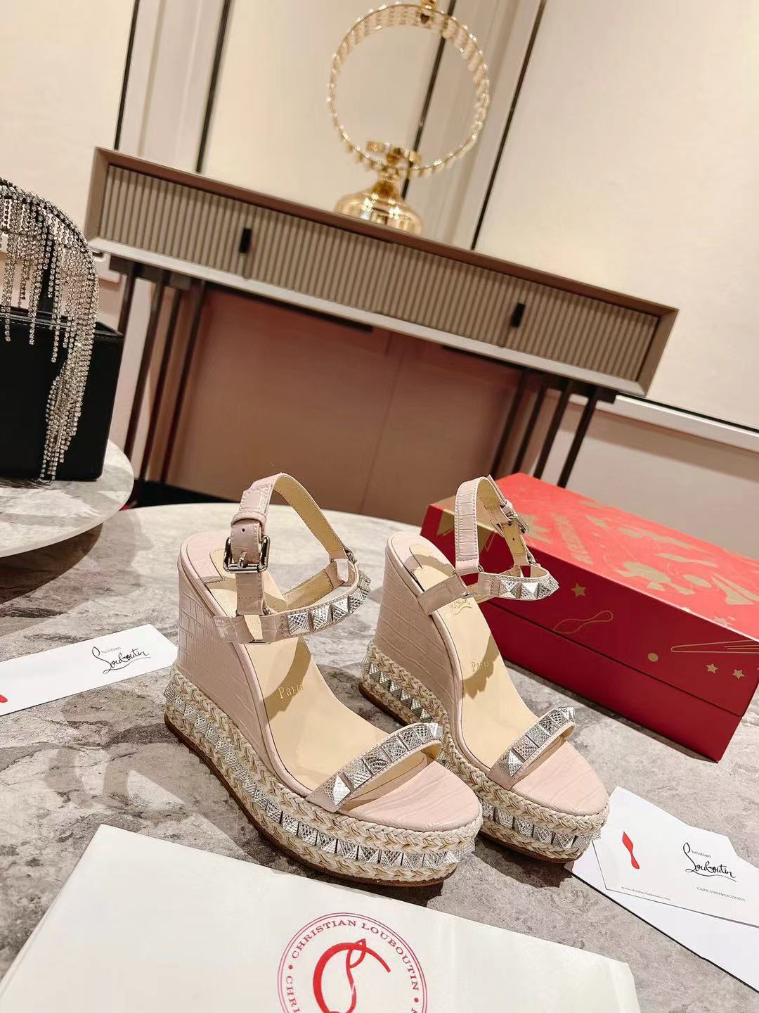 Christian Louboutin Beige Croc Embossed Leather Cataclou Ankle-Strap Wedge Platform Sandals
