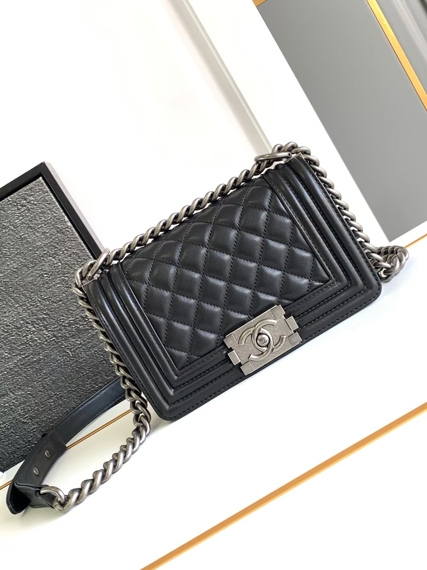 CHANEL LEBOY SMALL IN BLACK WITH SILVER CHAIN