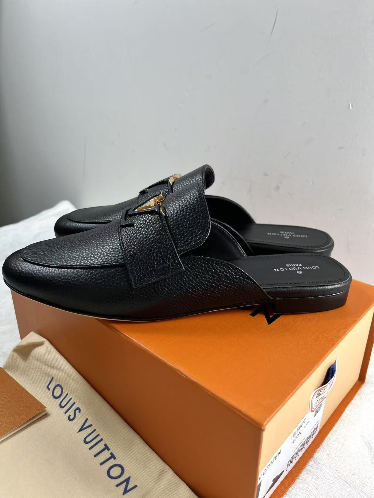 LV 1AH131 Mare Open Back Black Loafers