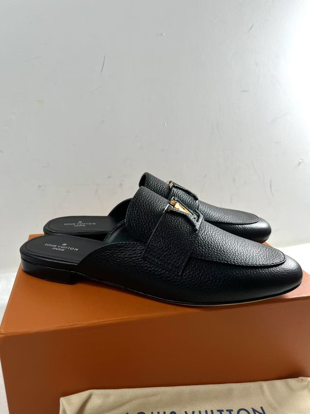 LV 1AH131 Mare Open Back Black Loafers