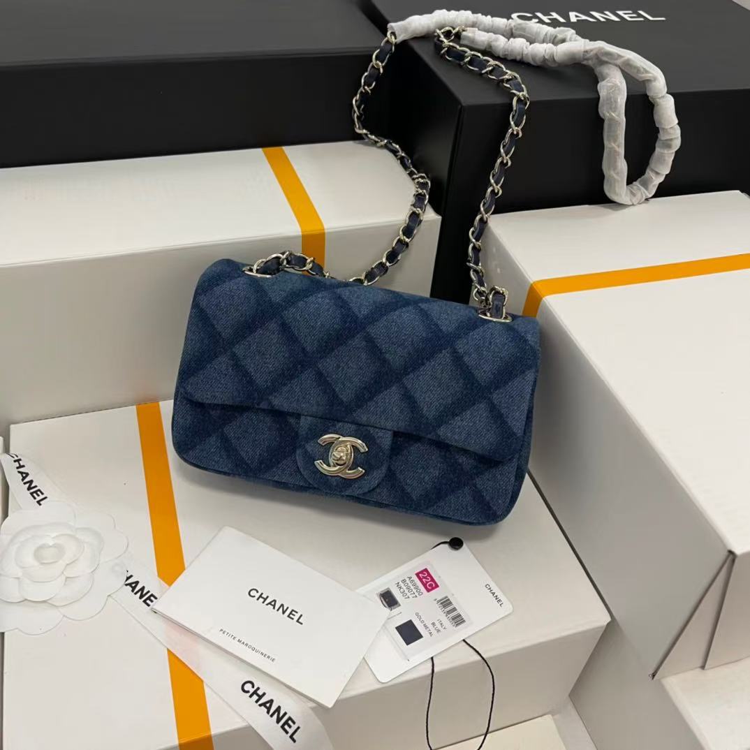 Chanel Denim Mini Flap Shoulder Bag Blue 20cm