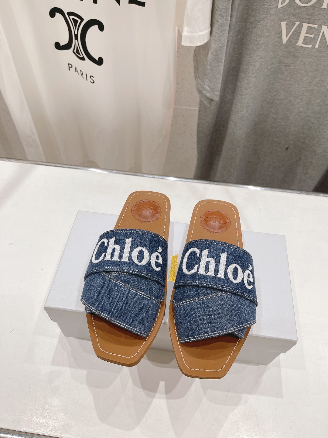 Chloe Blue Woody Logo Denim Slide Sandal all colors