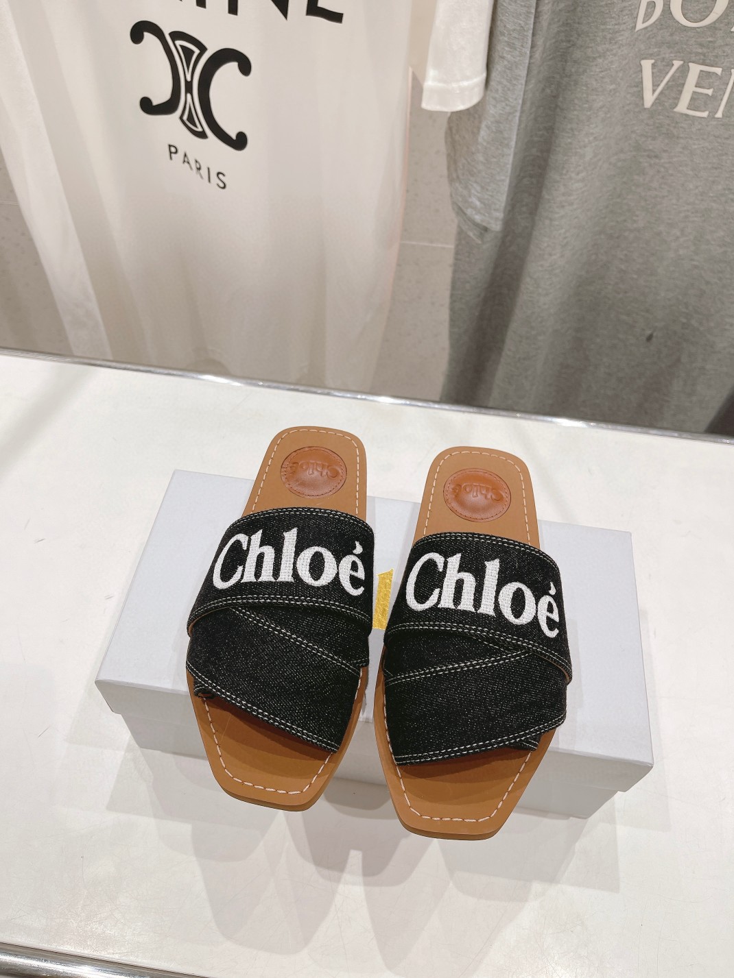 Chloe Blue Woody Logo Denim Slide Sandal all colors