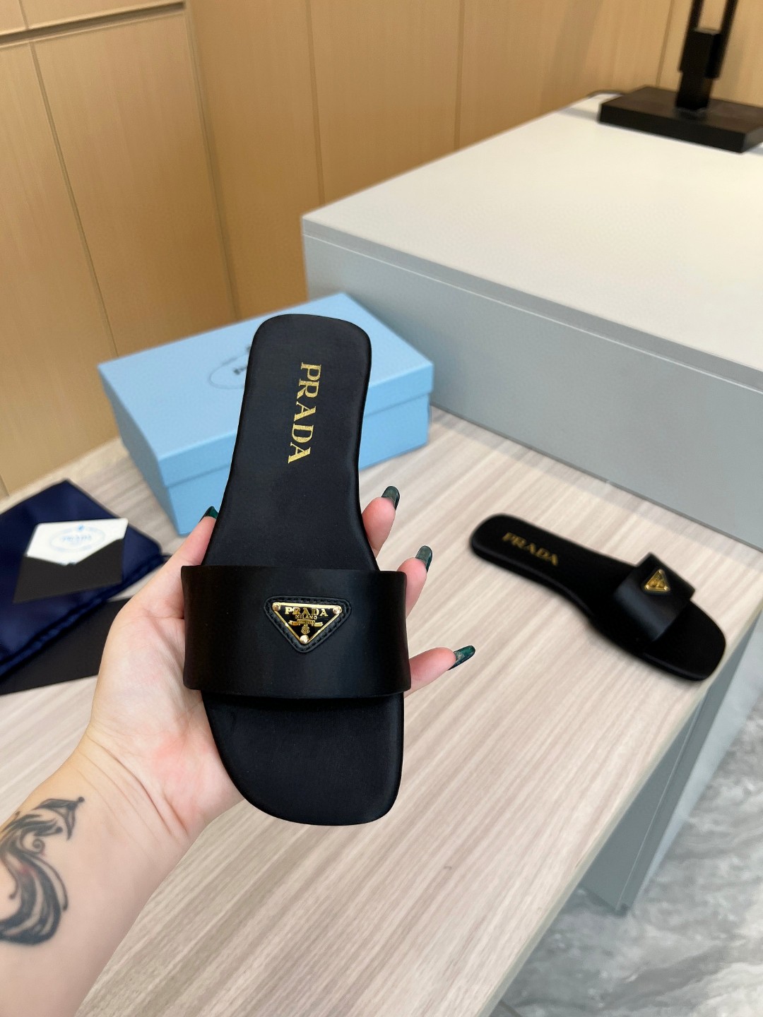 Prada Black Satin Slides