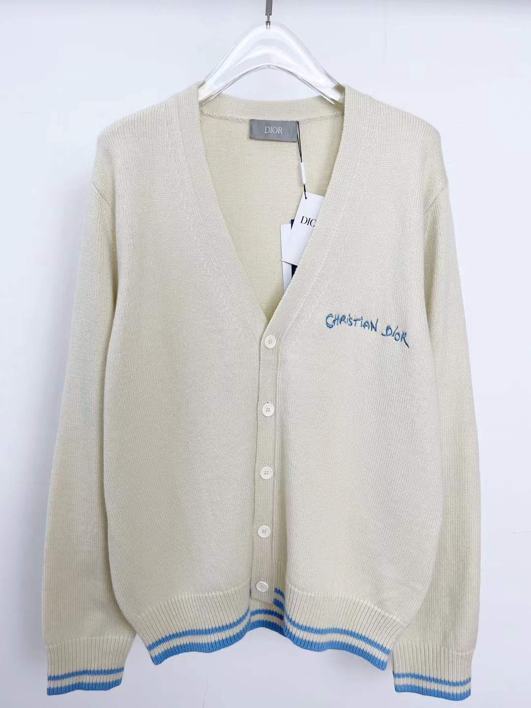 Christian Dior Beige Embroidered Cardigan with Blue Trim