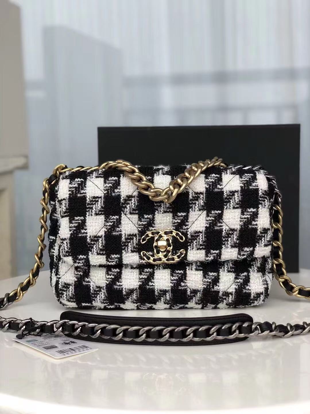 ABF Chanel Black Medium Tweed 19 flap bag White