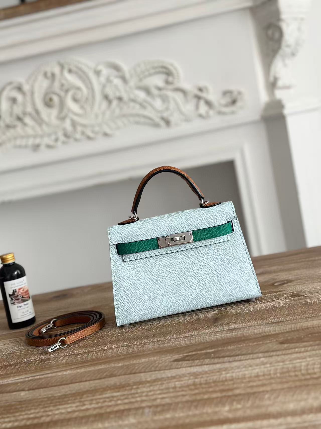 ABF Hermes Kelly Bag Tricolor Epsom Leather Palladium Hardware In Sky Blue