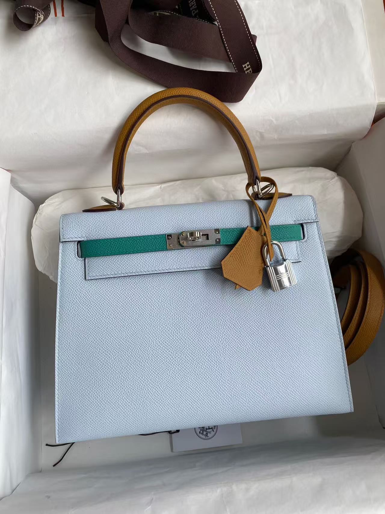 Hermes Kelly Bag Tricolor Epsom Leather Palladium Hardware In Sky Blue