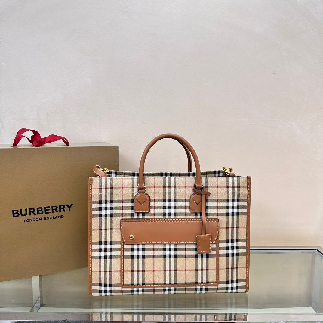 Burberry Medium Freya Tote Vintage Check Briar Brown