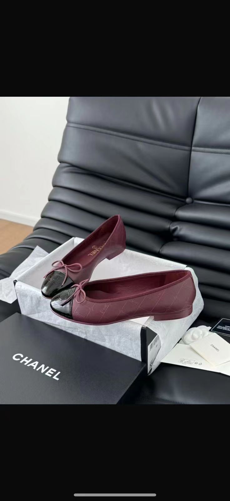 12 June ABF Chanel Burgundy/Black Leather and Alligator Cap-Toe CC Ballet Flats