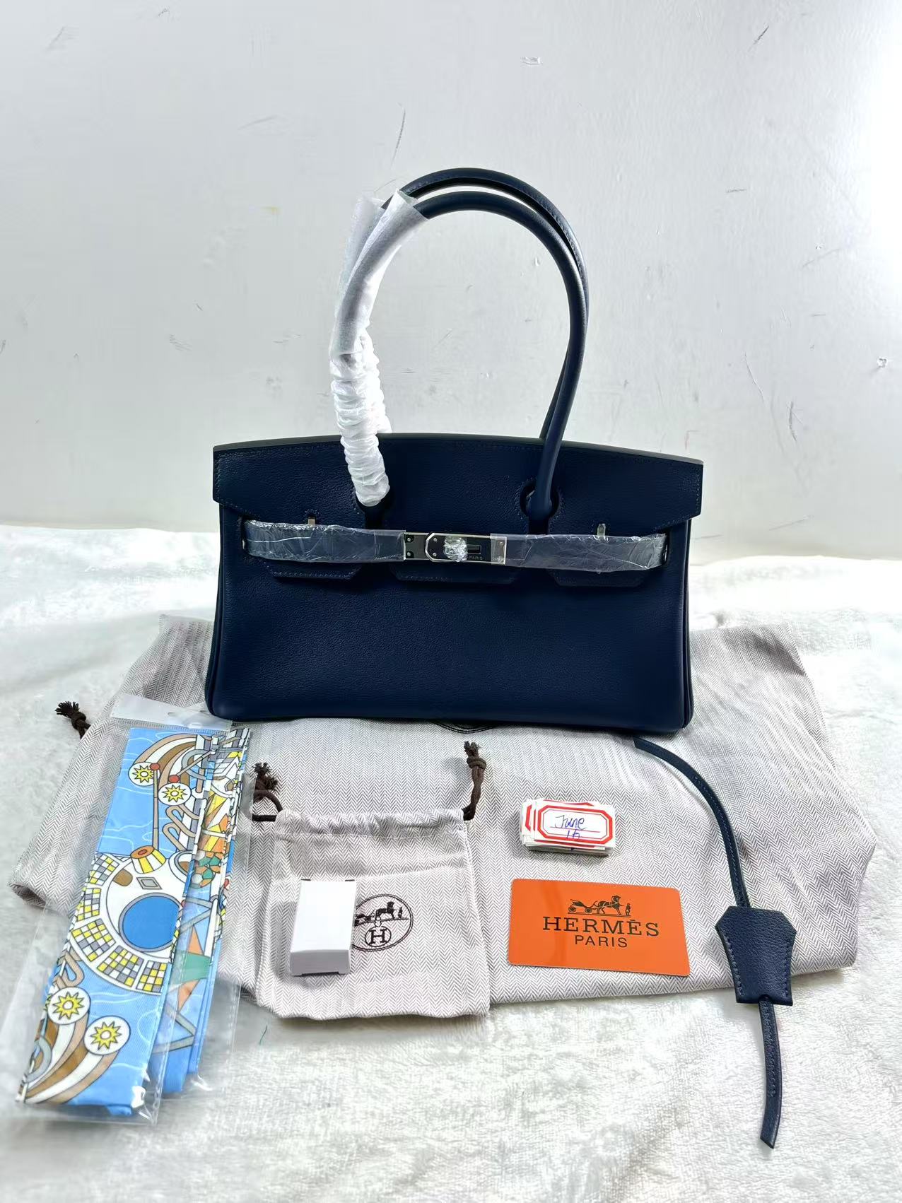 16 Jun ABQ Hermes Birkin Handbag Tricolor Epsom with Palladium Hardware 25 Black Blue