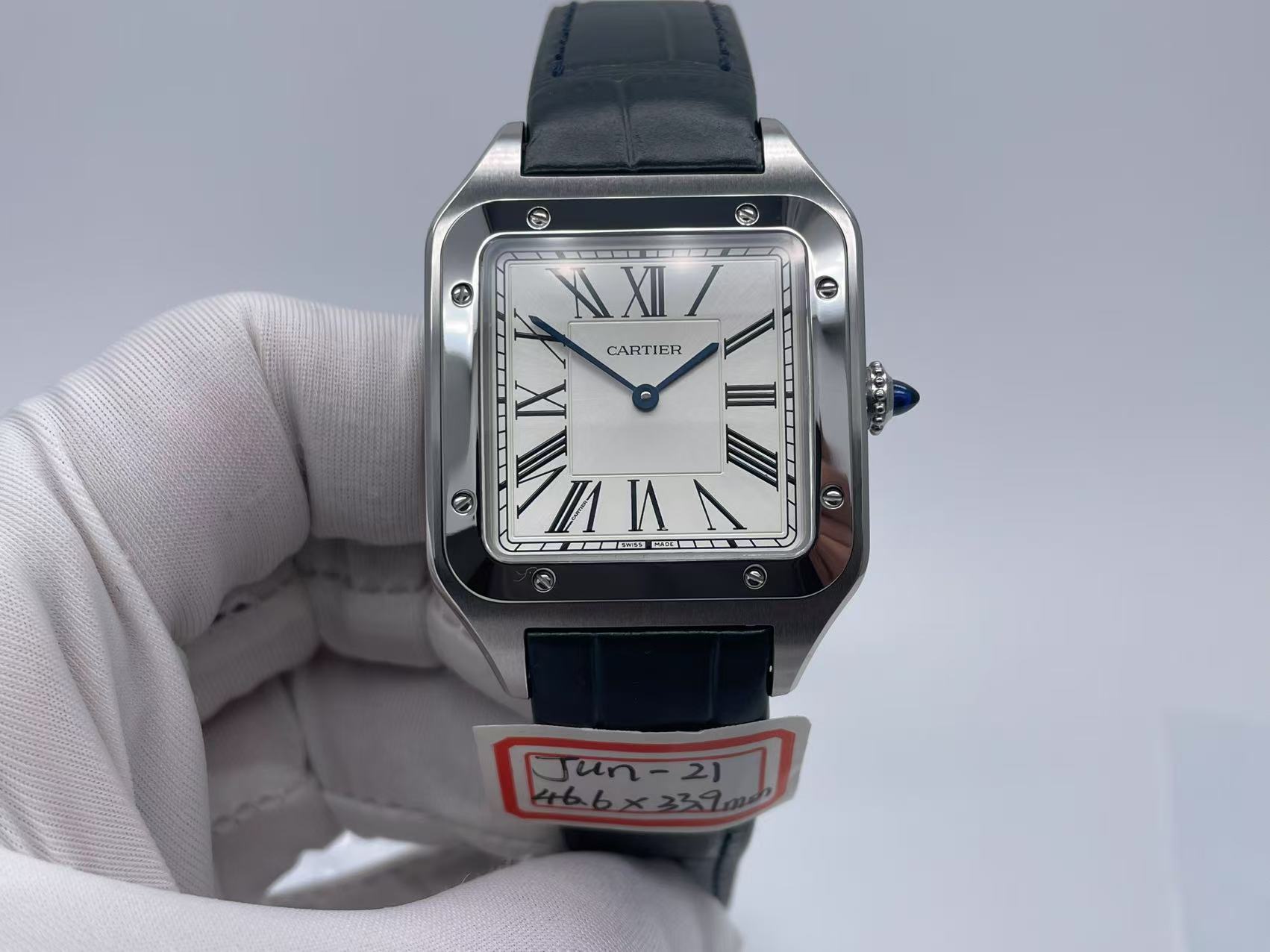 Cartier Santos Dumont 33.9mm x 46.6mm Steel Roman Dial on Blue Leather Strap