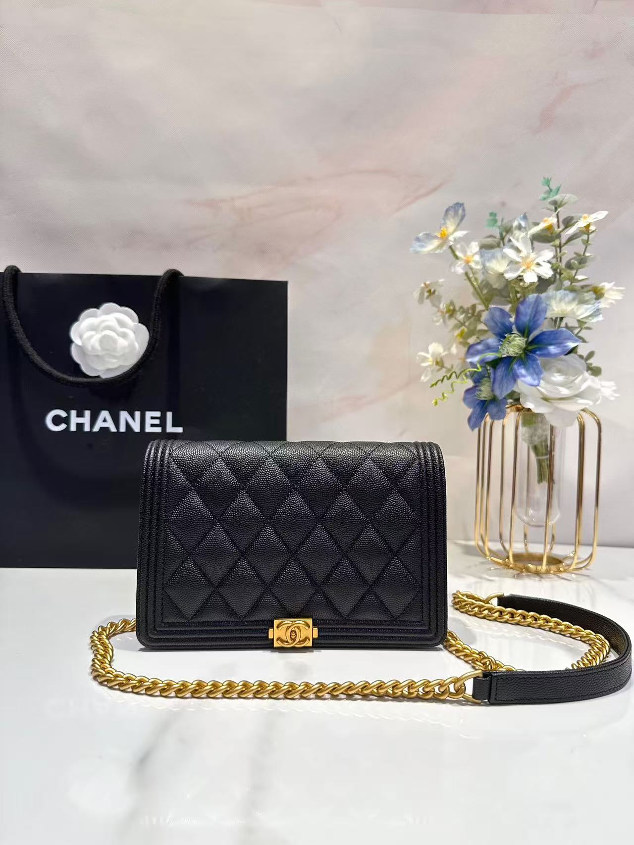 Chanel Boy Wallet On Chain 19cm Black Handbag with Gold Hardware