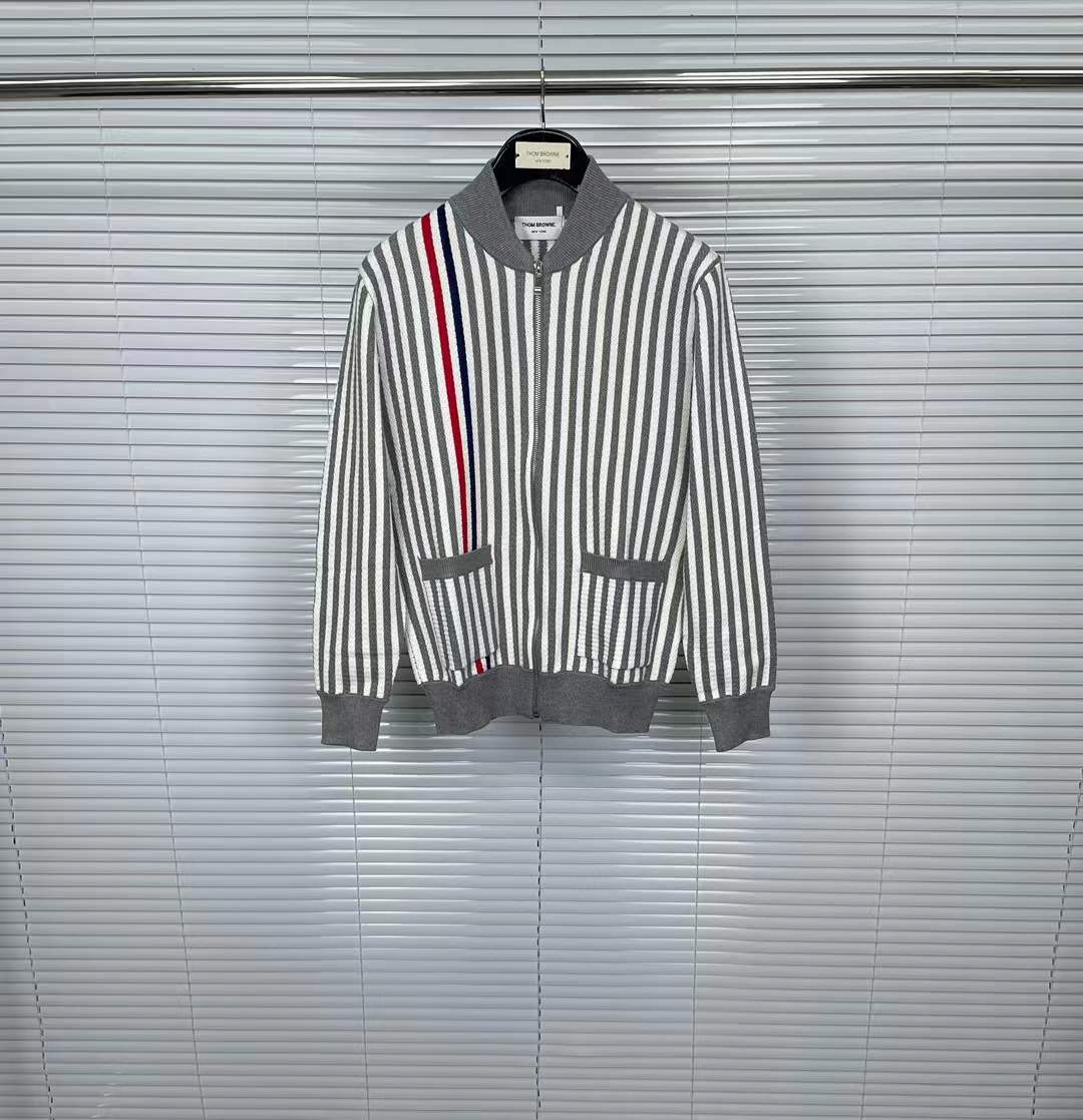 Thom Browne Men's Stripe Seersucker Polo Collar Bomber Sweater Jacket in Tonal Grey