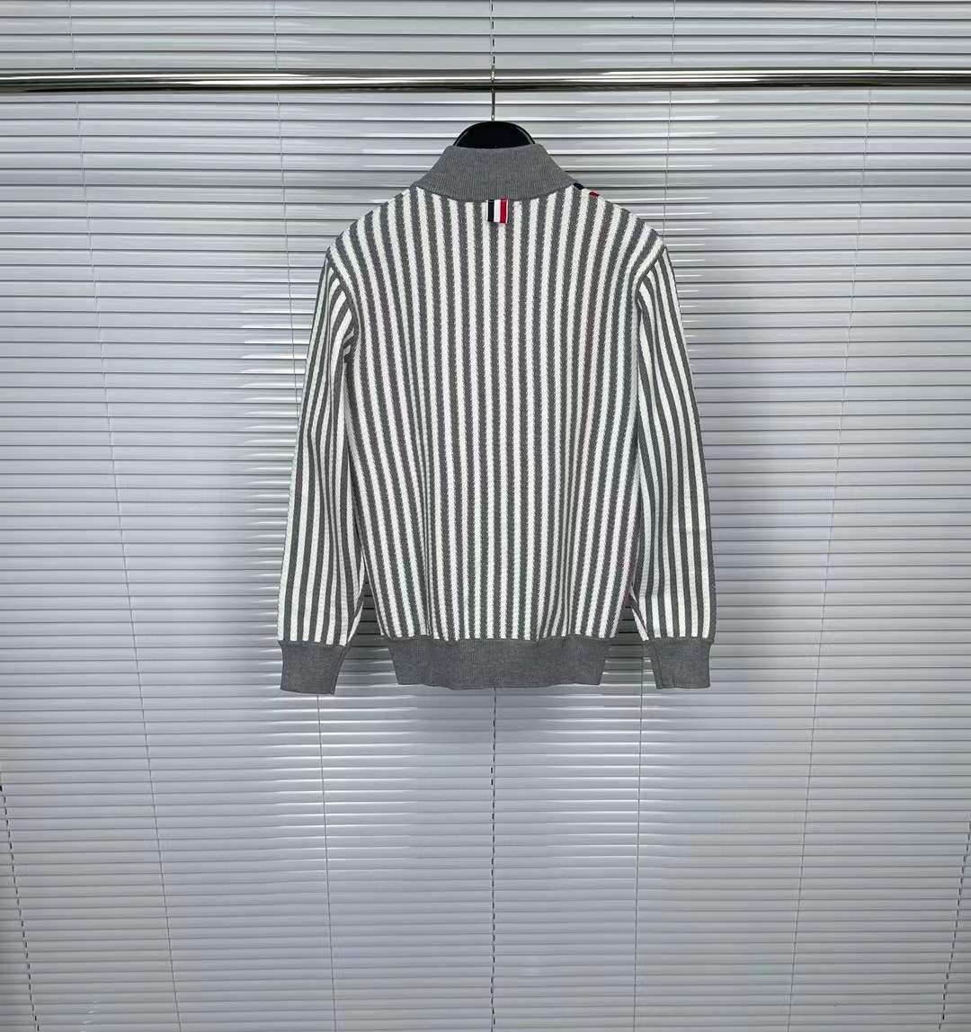 Thom Browne Men's Stripe Seersucker Polo Collar Bomber Sweater Jacket in Tonal Grey