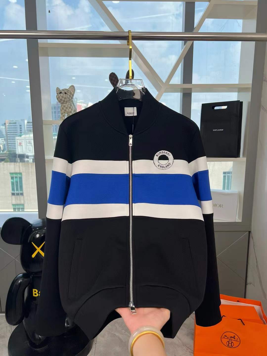 Burberry Logo Graphic Striped Wool Blend Bomber Jacket