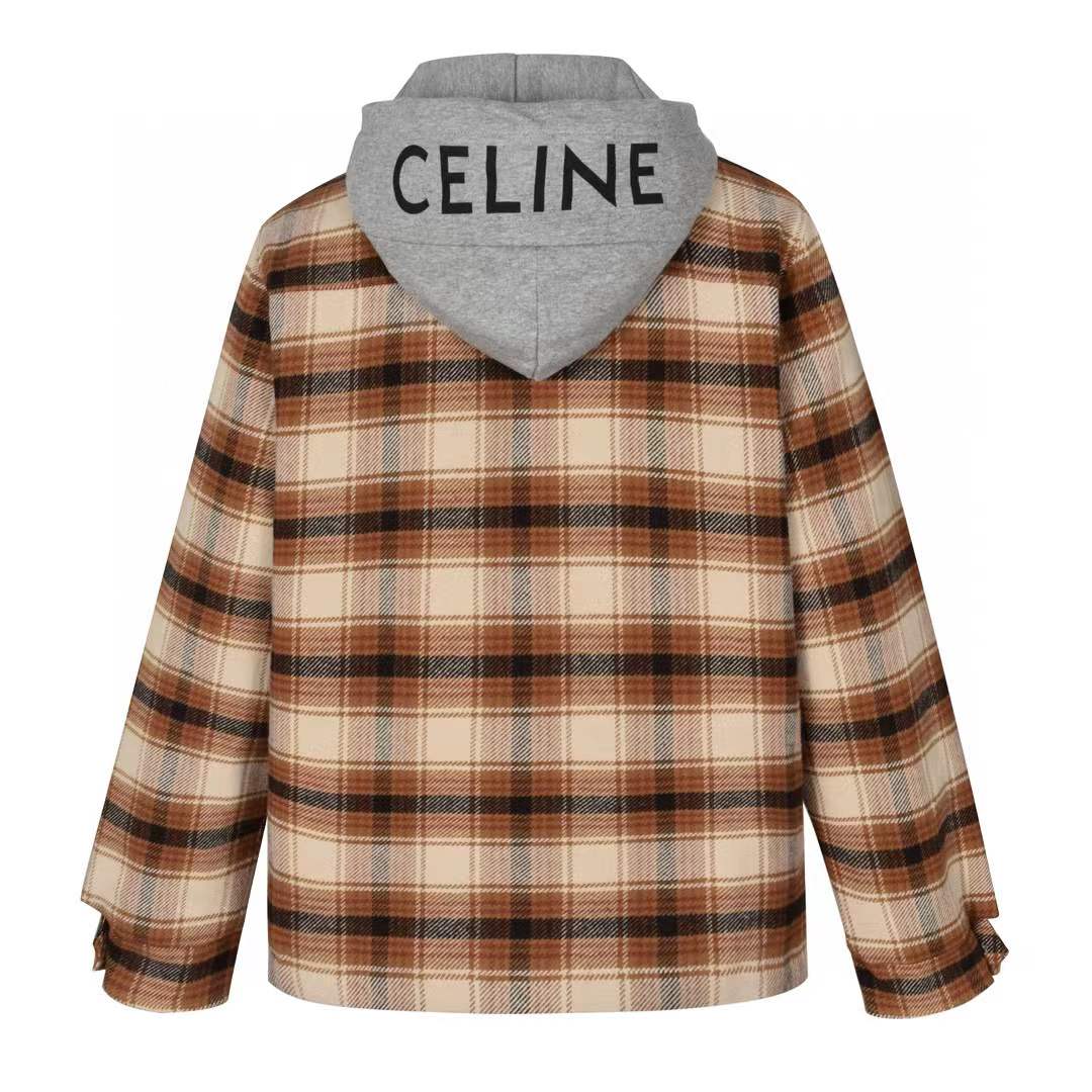 Celine Hooded Overshirt in Checked Wool Brown Jacket