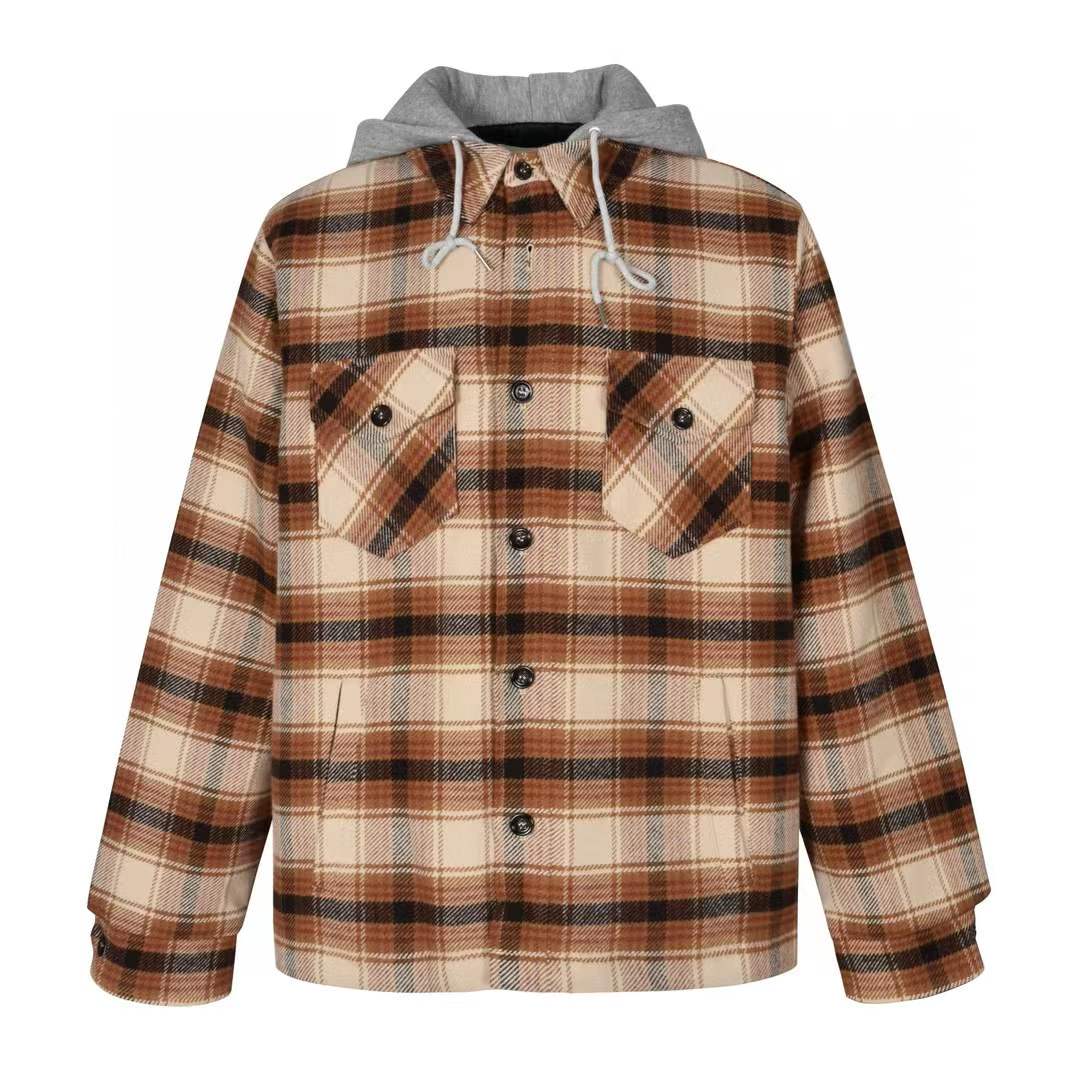 Celine Hooded Overshirt in Checked Wool Brown Jacket