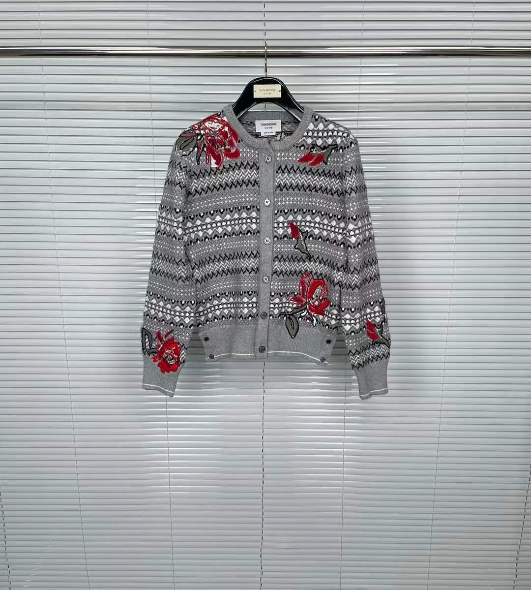 Thom Browne Floral-Embroidered Wool Cardigan Grey
