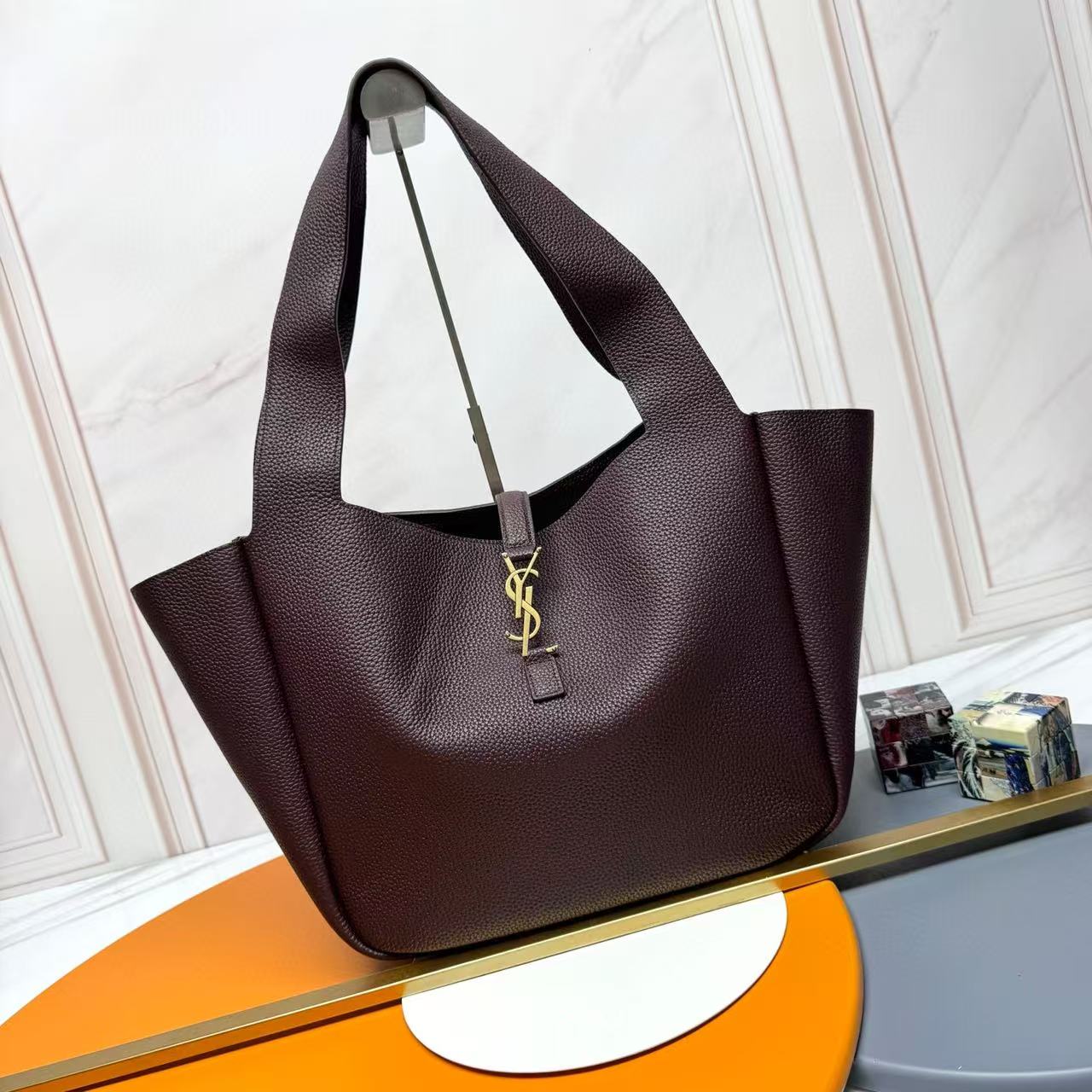 Saint Laurent LE 5 A 7 BEA in grained leather Maroon Fonce Bag 50cm