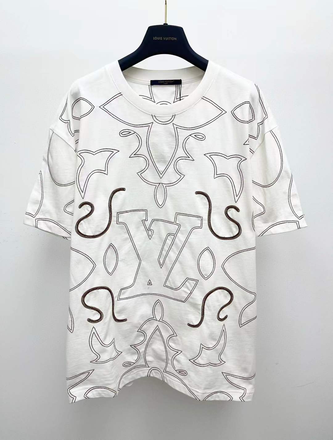 LV White/Brown Embroidered Cotton T-Shirt