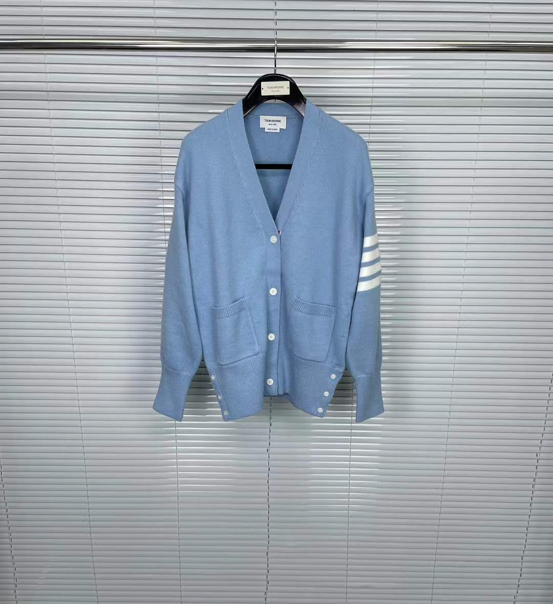 Thom browne Baby blue four-striped knitted cardigan jacket