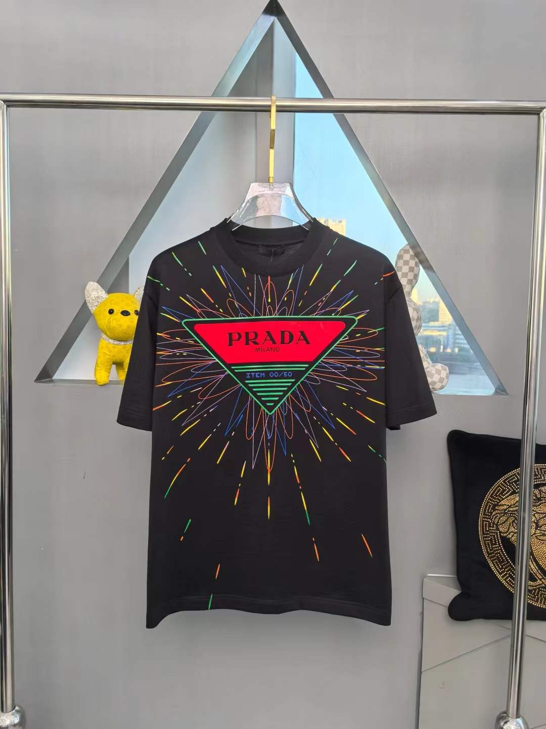 PRADA STRIPED BIG LOGO T-SHIRT