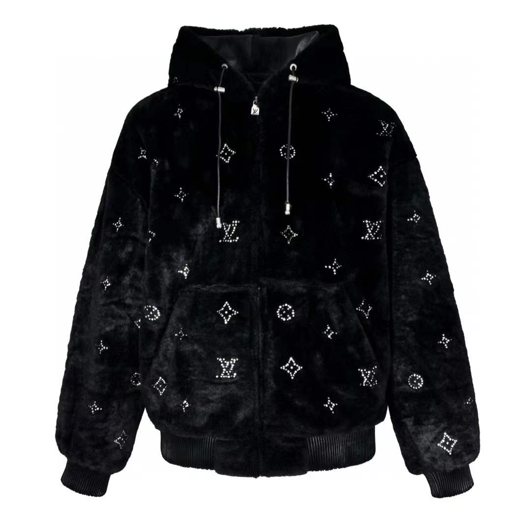 LV Monogram Embellished Shearling Hoodie black