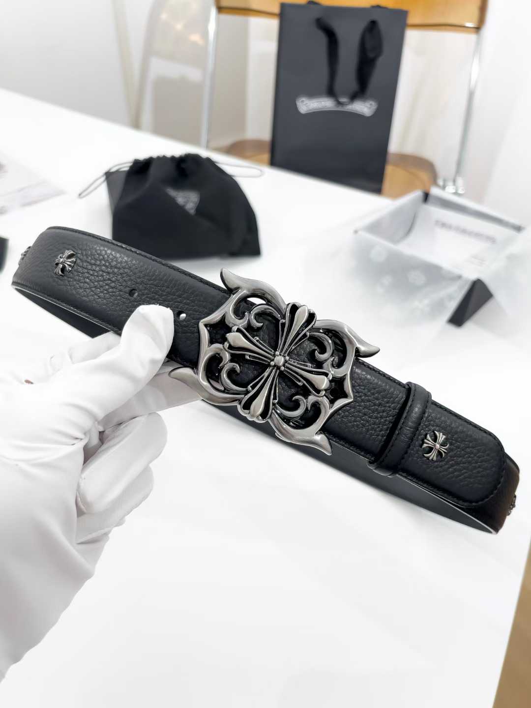 Chrome Hearts Black Genuine Leather Belt Silver