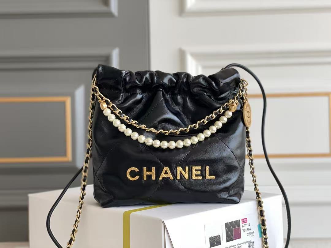Chanel Black Leather 22 Chain Hobo Bag