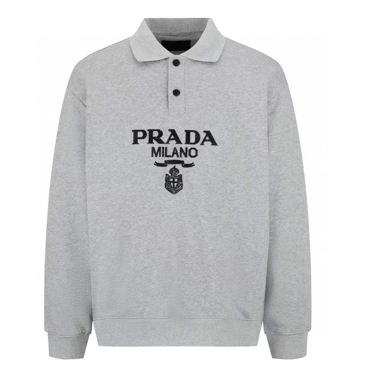 Prada Marble Gray Long-Sleeved Cotton Polo Shirt