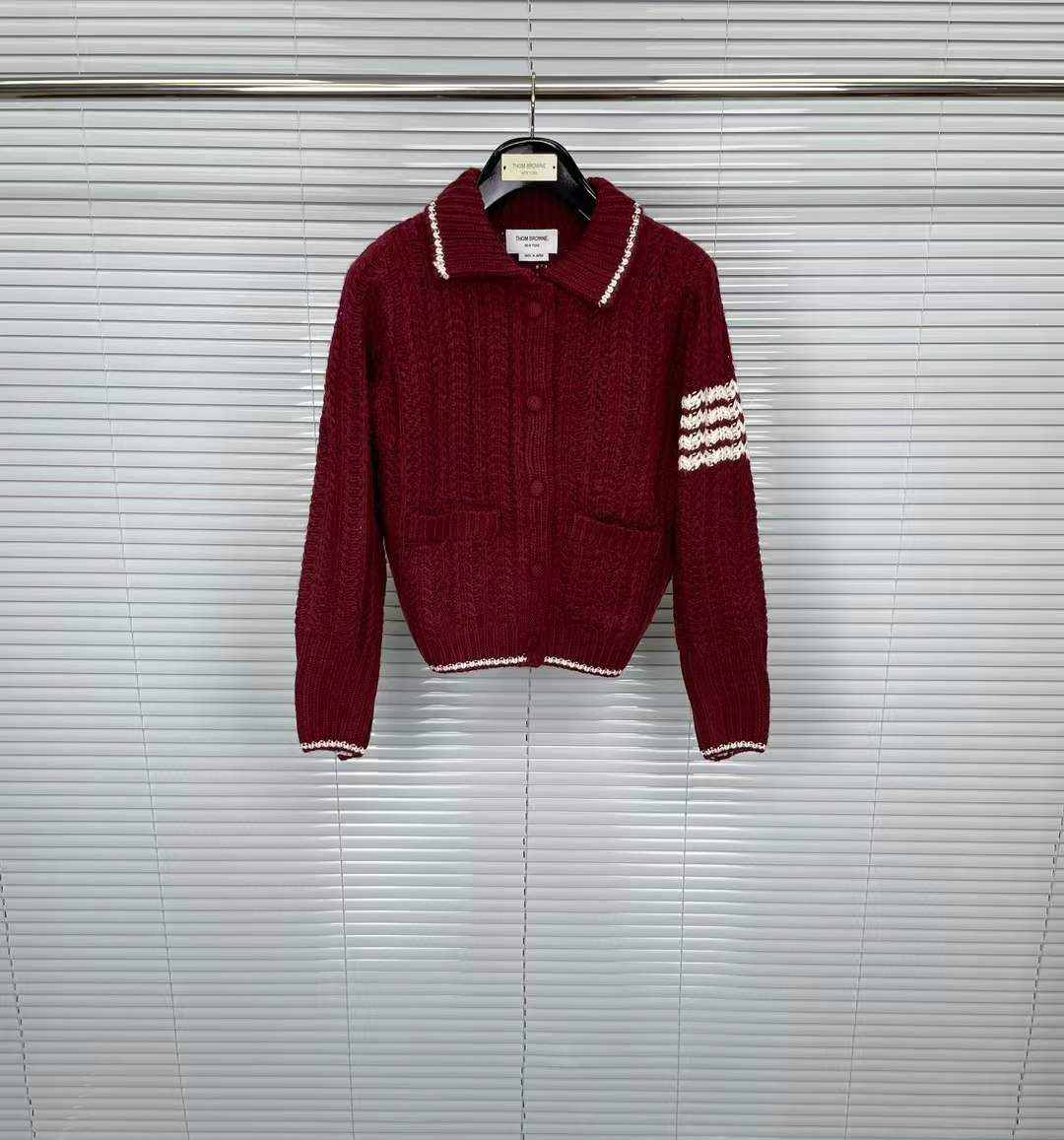 Thom Browne Merino Wool Chunky Links Stitch 4-Bar Polo Cardigan Jacket