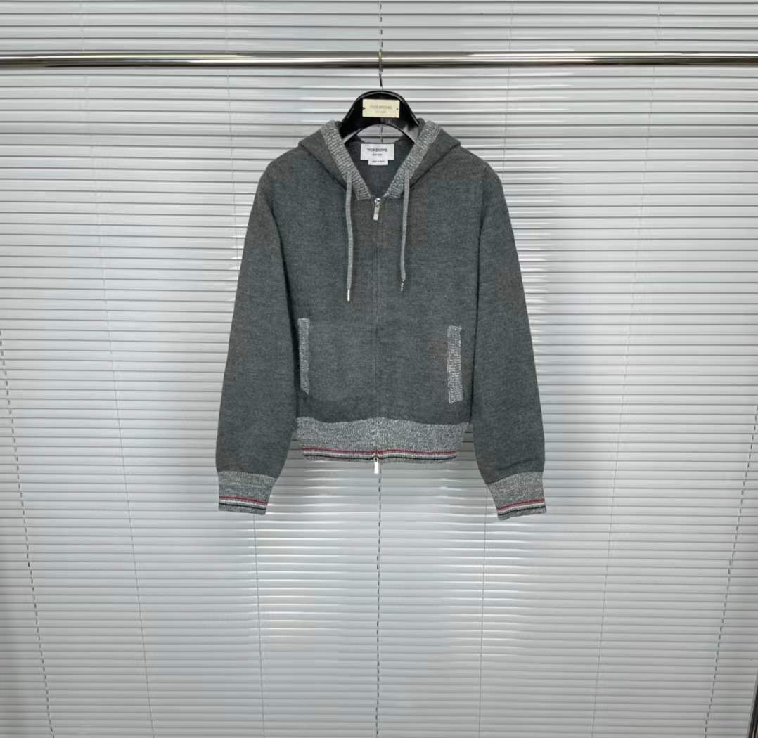Thom Browne Striped Zip-Up Hoodie Grey
