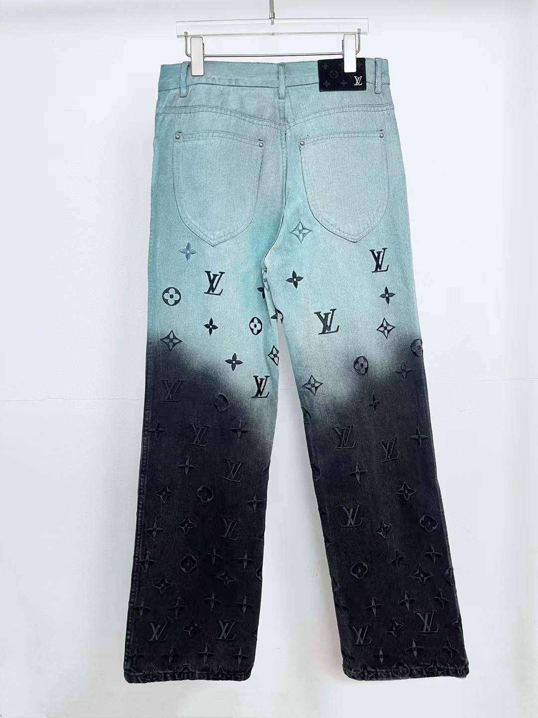 LV Ice Blue Gradient Relief Embroidered Jeans