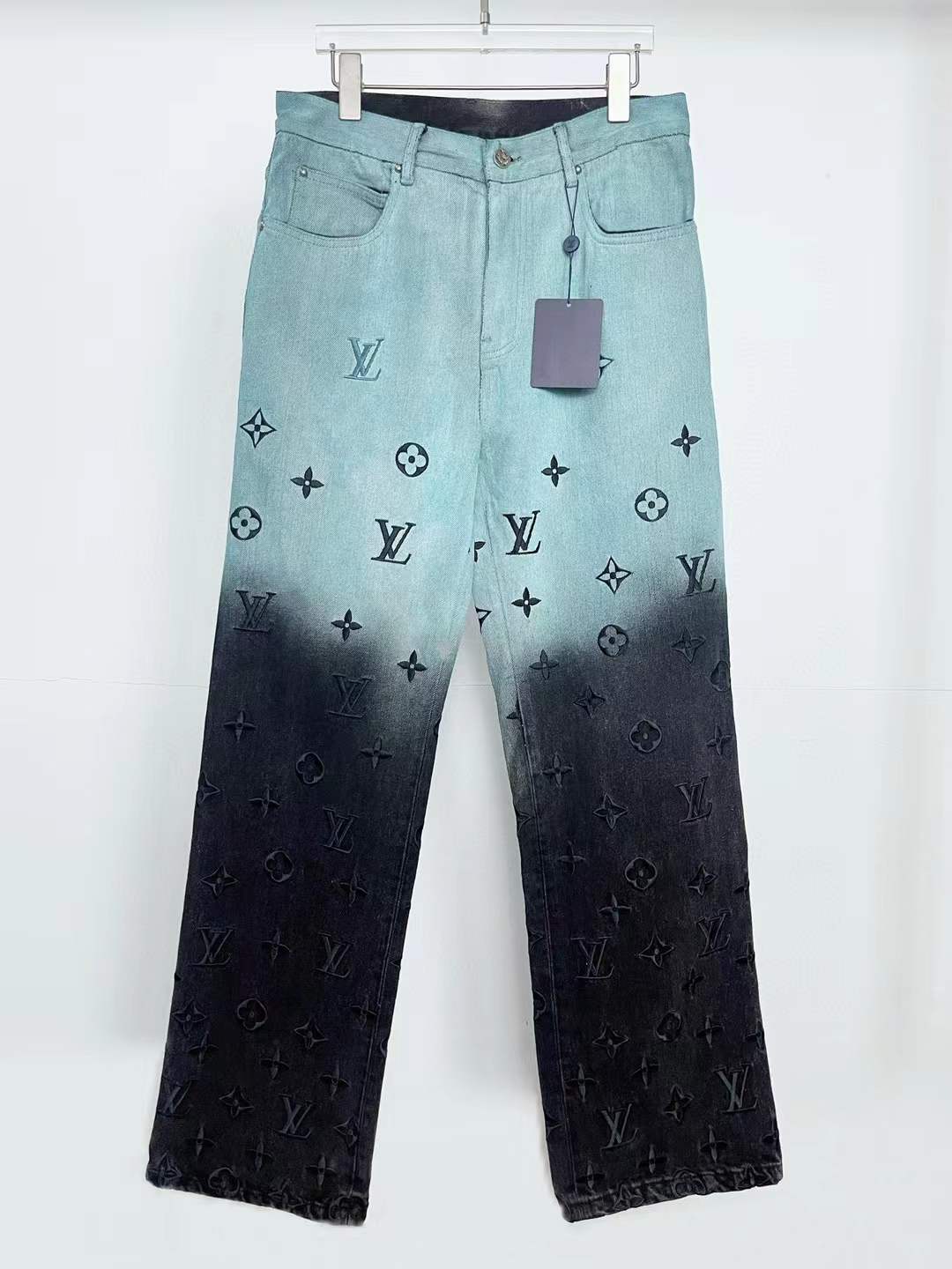 LV Ice Blue Gradient Relief Embroidered Jeans