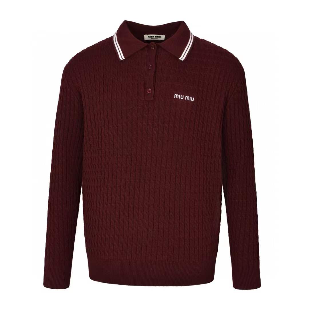 Miu Miu Logo-Print Cable-Knit Polo Shirt - Red