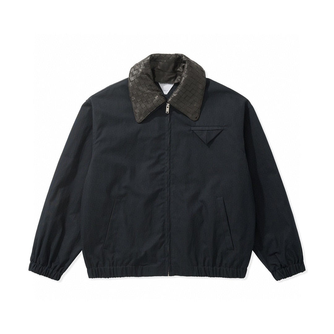 Bottega Veneta Intrecciato leather-trimmed canvas Tech Cotton Blouson with kimono Zipper Midnight Blue