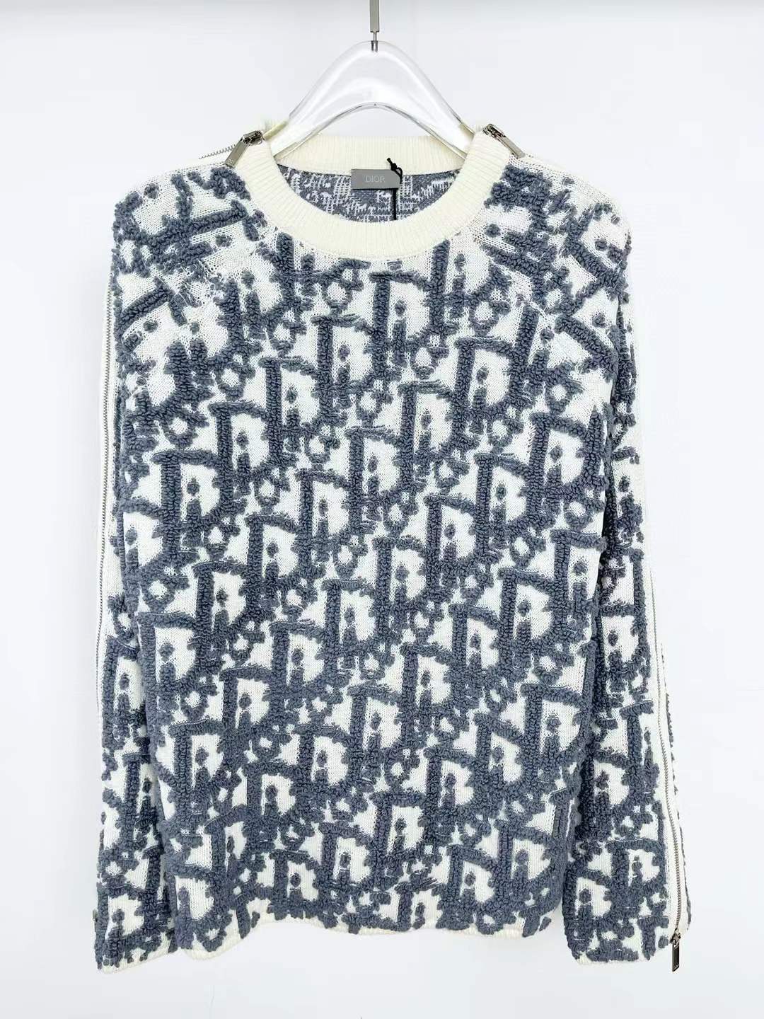 Christian Dior Oblique Cardigan White and Blue Virgin Wool Jacquard