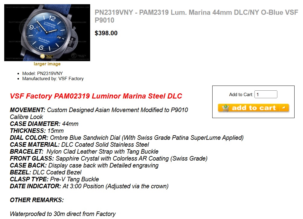 PN2319VNY - PAM2319 Lum. Marina 44mm DLC/NY O-Blue VSF P9010 $398