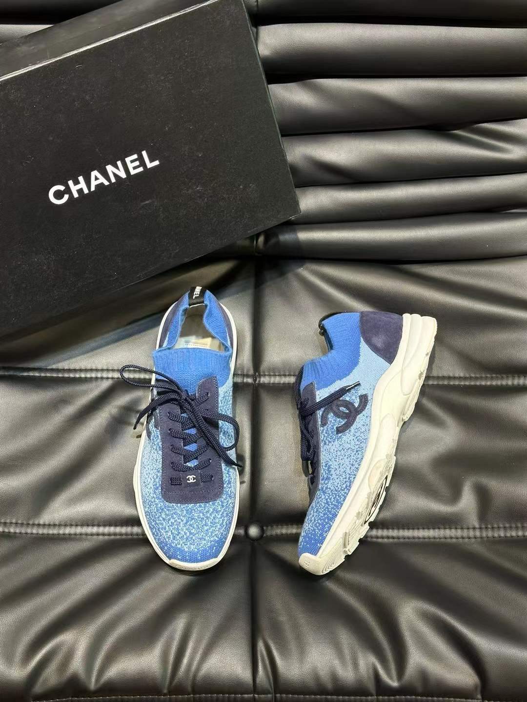 Chanel CC Logo Knit Sneakers Blue