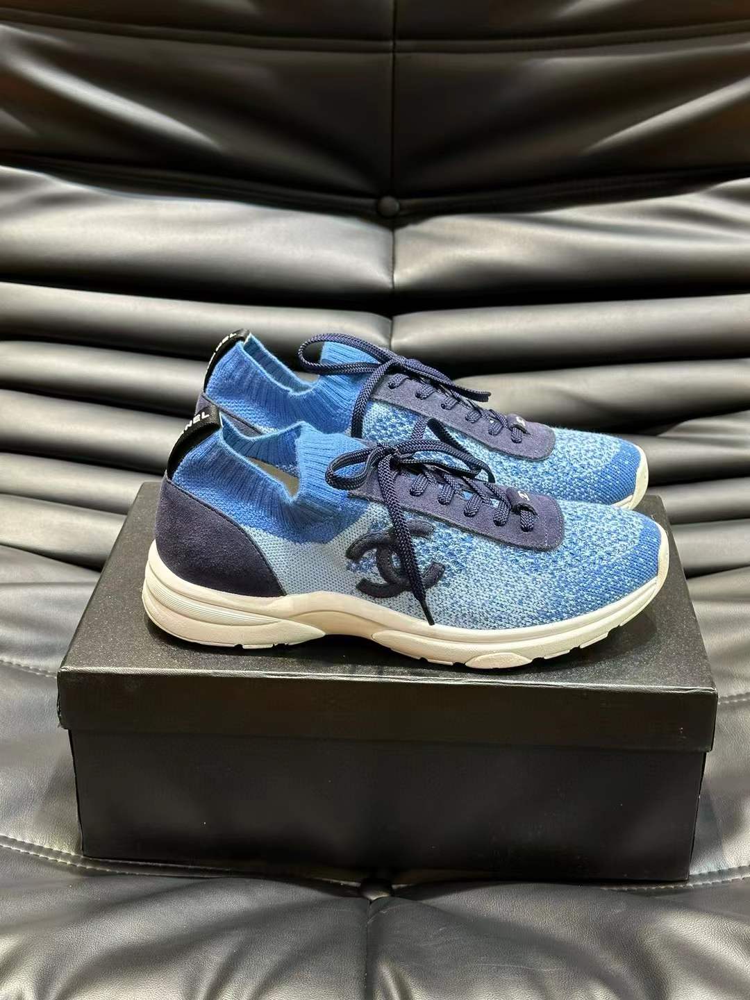 Chanel CC Logo Knit Sneakers Blue
