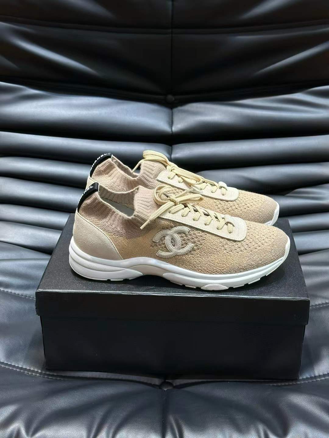 Chanel Nylon Lambskin Suede Beige Trainer Sneakers