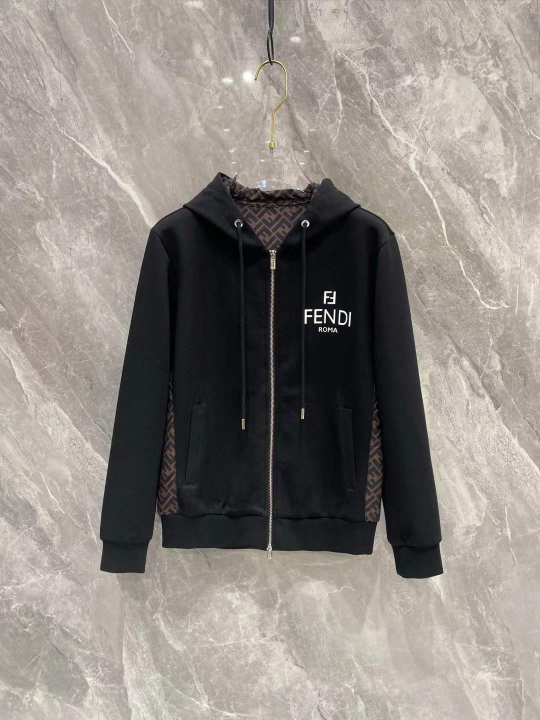 Fendi - Teen Black Jacquard FF Logo Zip-Up Hoodie