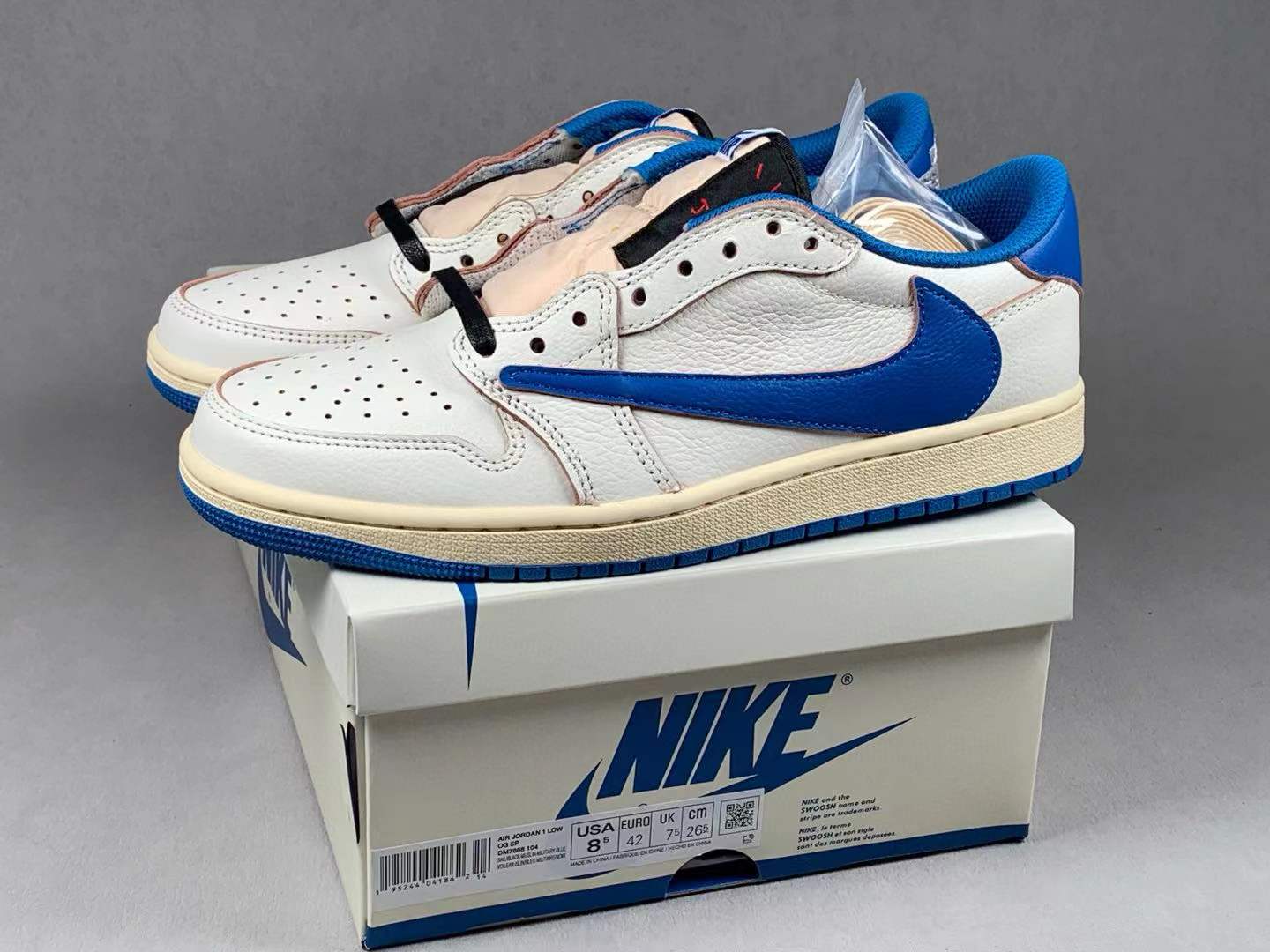 Air Jordan 1 Retro Low OG SP Fragment x Travis Scott Sail Military Blue shoes