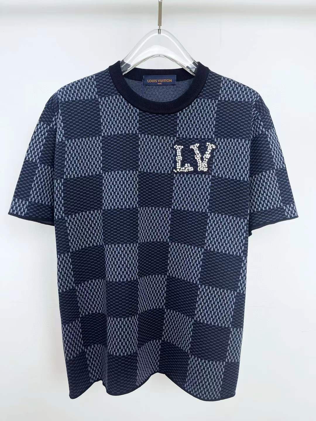 LV Damier Short-Sleeved Crewneck With LV Crystal Patch - Ready-to-Wear