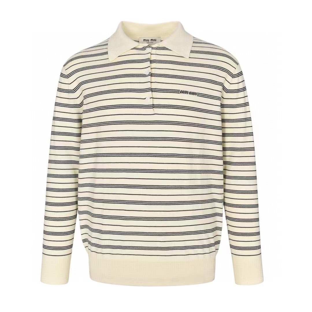 Miu Miu Logo-Print Striped Polo Top - Neutrals